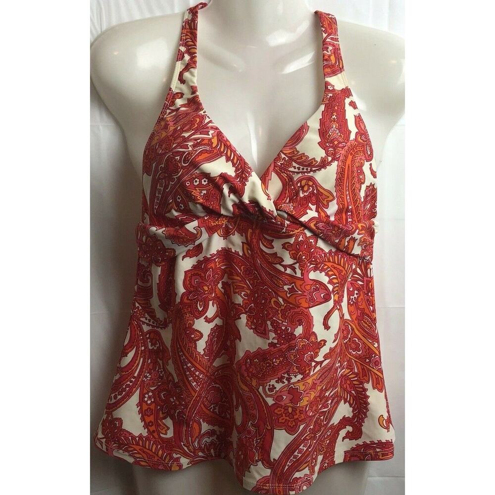 Chaps Tankini Top Women 8 Red Floral Halter Twist Front Padded Stretch Swimwear
